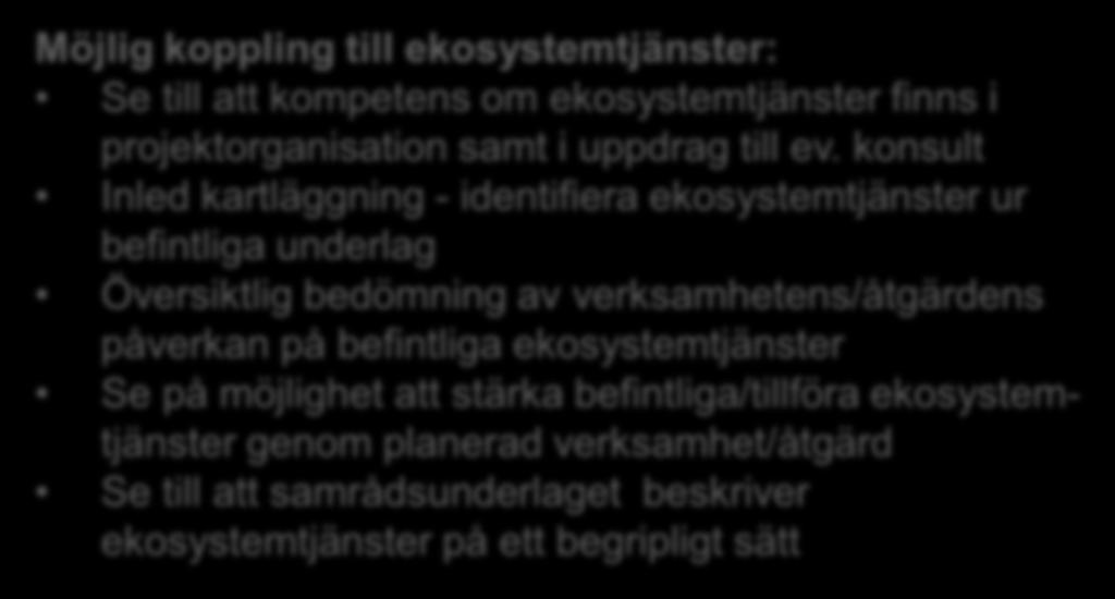 Nej Liten MKB Idéskede Undersök om miljöbedömning krävs Betydande miljöpåverkan Ja Specifik miljöbedömning Undersökningssamråd Se till att kompetens om ekosystemtjänster finns i projektorganisation