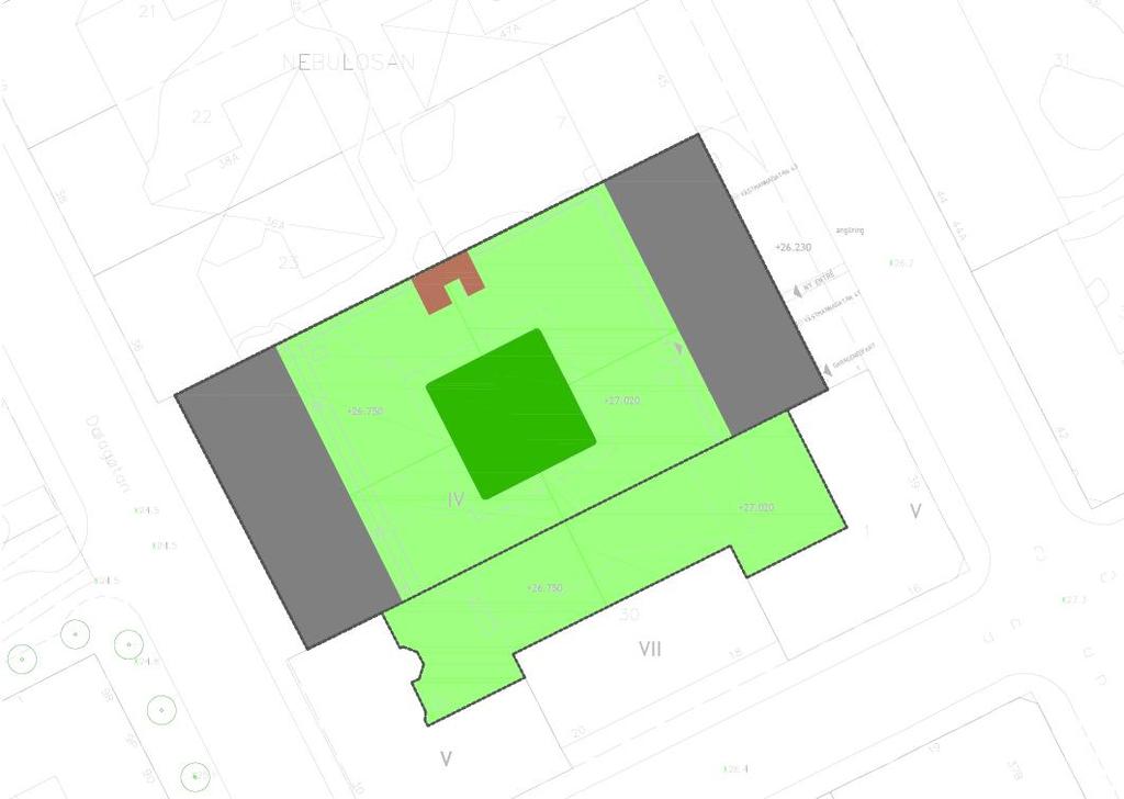 Nebulosan 32 Befintlig byggnad Nebulosan 33 Befintlig byggnad Innergård Ny byggnad Innergård utanför fastighetsgräns Figur 2 Föreslagen förändring med ny byggnad 2.