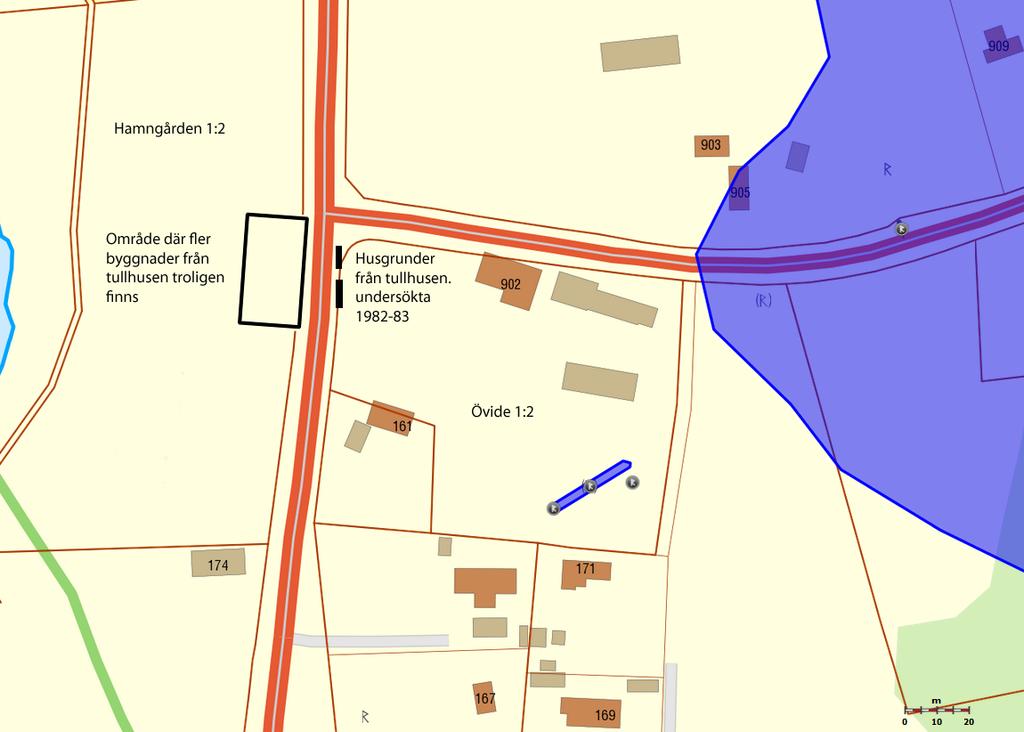 Fig. 2, karta som anger tullhusgårdens kända utbredning i anslutning till väg 140 i Västergarn På kartan i figur 1 ses läget för de husgrunder som återfanns vid Förundersökningen 1982-83.