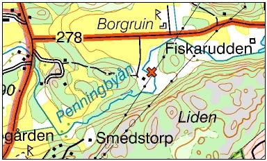 Penningbyån Träd Bild 14. Karta över Penningbyån samt fällornas placering. Under inventering fångades här inga vuxna flodnejonögon.