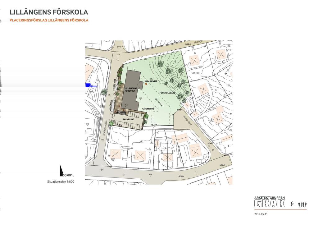LILLÄNGSSKOLAN, FASTIGHETEN STATORN 5 Illustrationsplan, Arkitektgruppen GKAK 2015-05-11 I gällande detaljplan finns en zon på ca 14 m s k prickmark, mark som inte får bebyggas mot Statorn 2, 6 samt