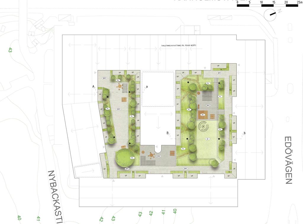 Illustrationsplan SKALA 1:800 Plantering häckar 101 m2 Uteplatser 307 m2 Gröna tak 329 m2