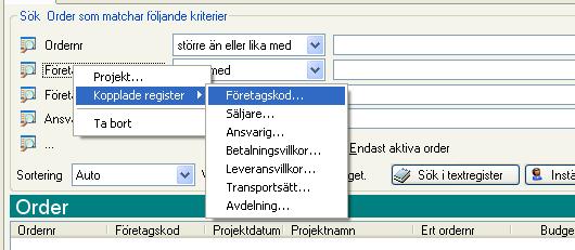 Index Sorteringsordning i register. Kryssruta K Inspektera text Knappen ger tillgång till den text som registrerats på exempelvis en order/kund/artikel.