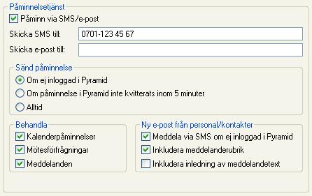 ...och fliken Påminnelser Egenskaperna i gruppboxen Påminnelsetjänst styr om påminnelser från Pyramids CRM även ska skickas via sms/e-post.