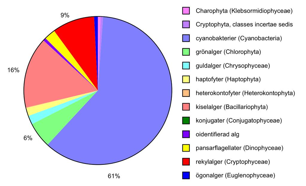 Figur 7. Växtplanktonbiomassans fördelning (%) på olika grupper i Gillfjärden under augusti 2016.