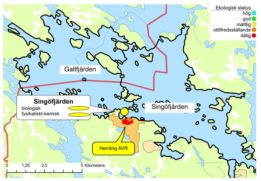 Galt- och Singöfjärden Galtfjärden upptar en yta av 32 km 2 och Singöfjärdens yta är 37 km 2. De båda vattenförekomsterna omfattar skärgårdsområdet från Hargshamn i väster till Singö i öster.