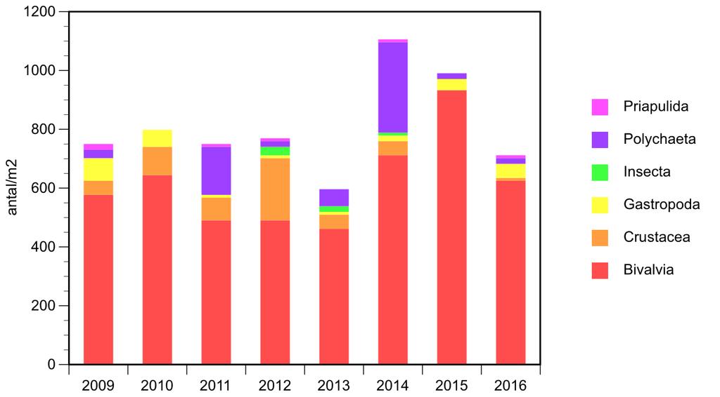 Figur 37. Jämförelse av bottenfaunans artsammansättning under åren 2009-2016 i Björköfjärden Pref. Figur 38.