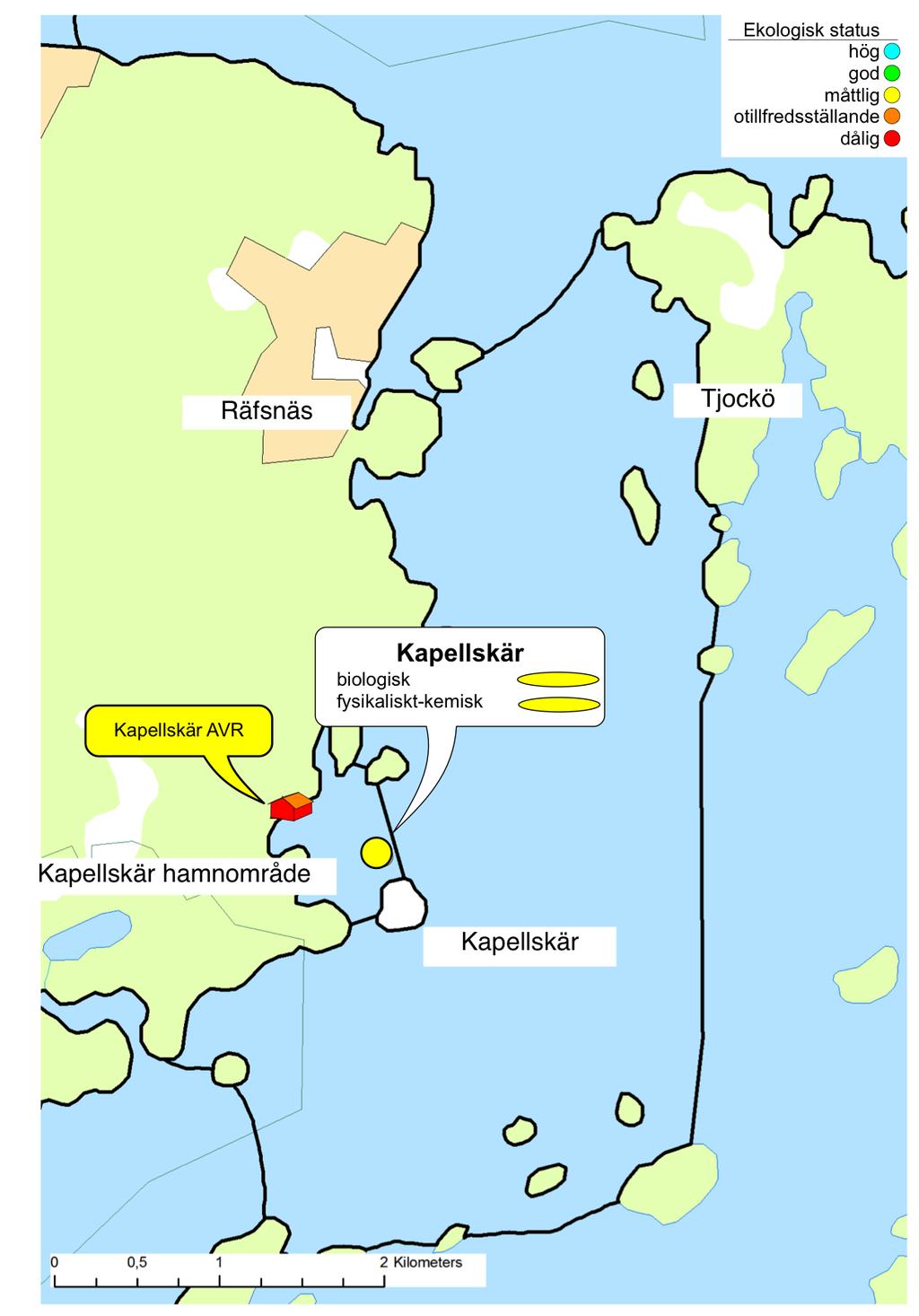 Kapellskärs hamnområde Kapellskärs hamnområdes yta upptar 0,5 km2. Vattenförekomsten omfattar vattenområdet innanför och mellan Kapellskärsskäret och Saltholmen.