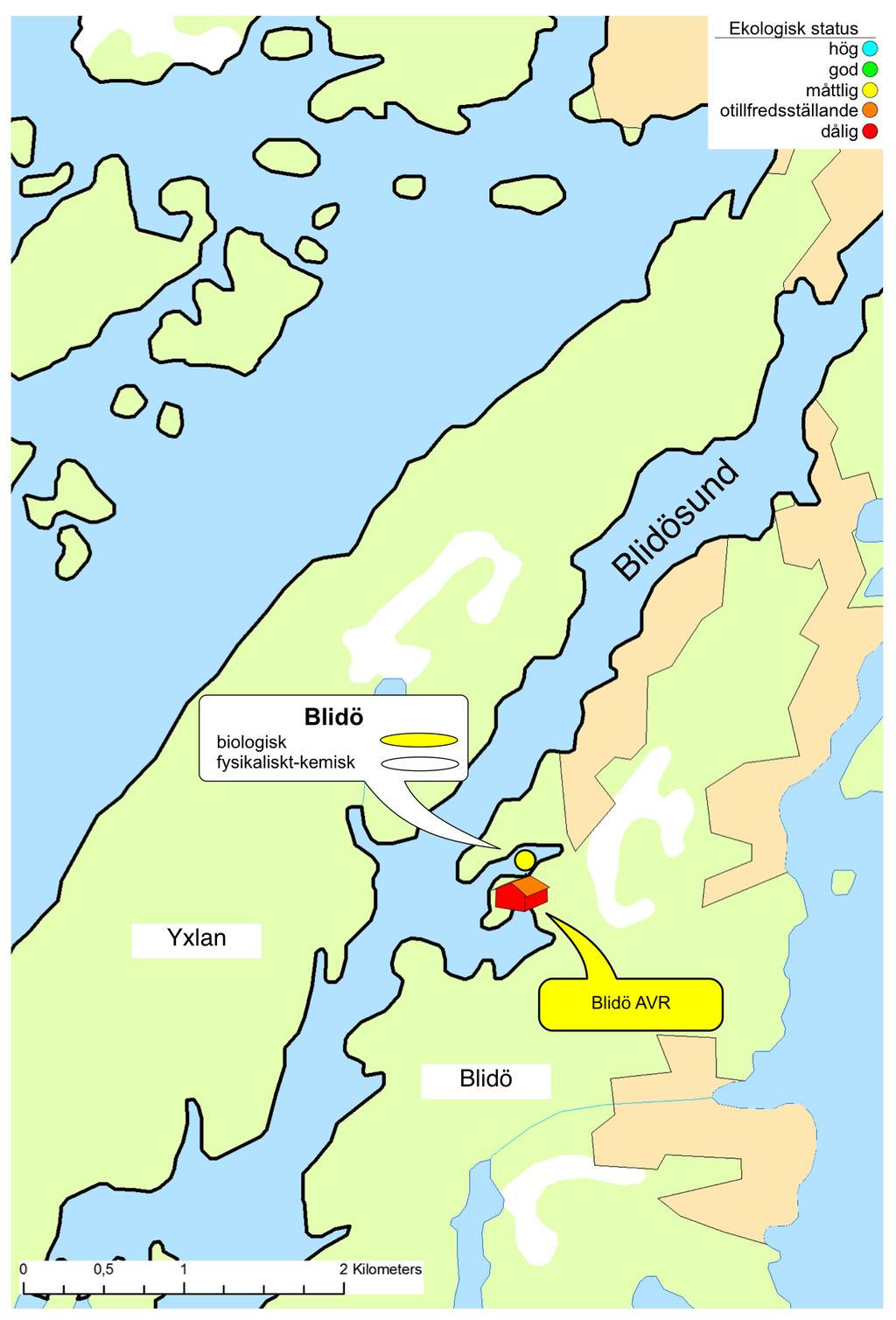 Blidösund Vattenförekomsten Blidösund är belägen mellan Yxlan och Blidö och upptar en yta av 5,9 km2. I figur 42 visas Blidö avloppsreningsverk och den provpunkt där undersökningar utförts.