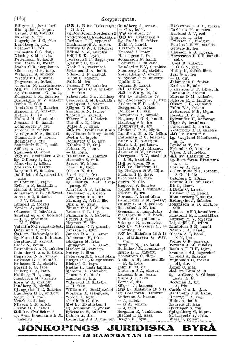 [166J Skepparegatan. Billgren G, scut.chcf 25 A, B kv. Hafssvalget I Rundberg A, aman. Bäckström L.-1.H, fröken Blomquiat A, köpm. 21 & 22 - O A, bokh, Carlen A M. änkefru Brandt J E, kaf'eidk. äg.