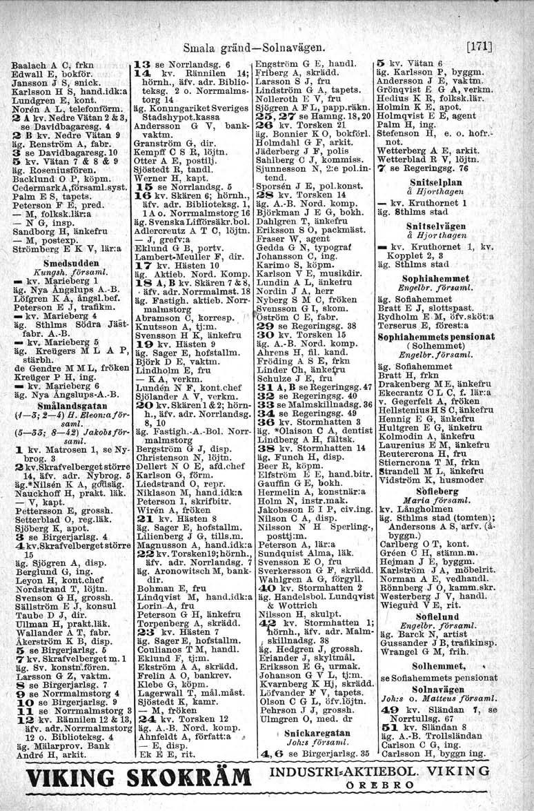 I Smala gränd-solnavägen. Baalach A C, frkn 13 se Norrlandsg. 6. Engström G B, hand!. Edwall E, bokför: 14 kv. Rännilen 14; l[riberg A, skrädd. Jansson. J SJ snick. hörnh., äfv. adr.