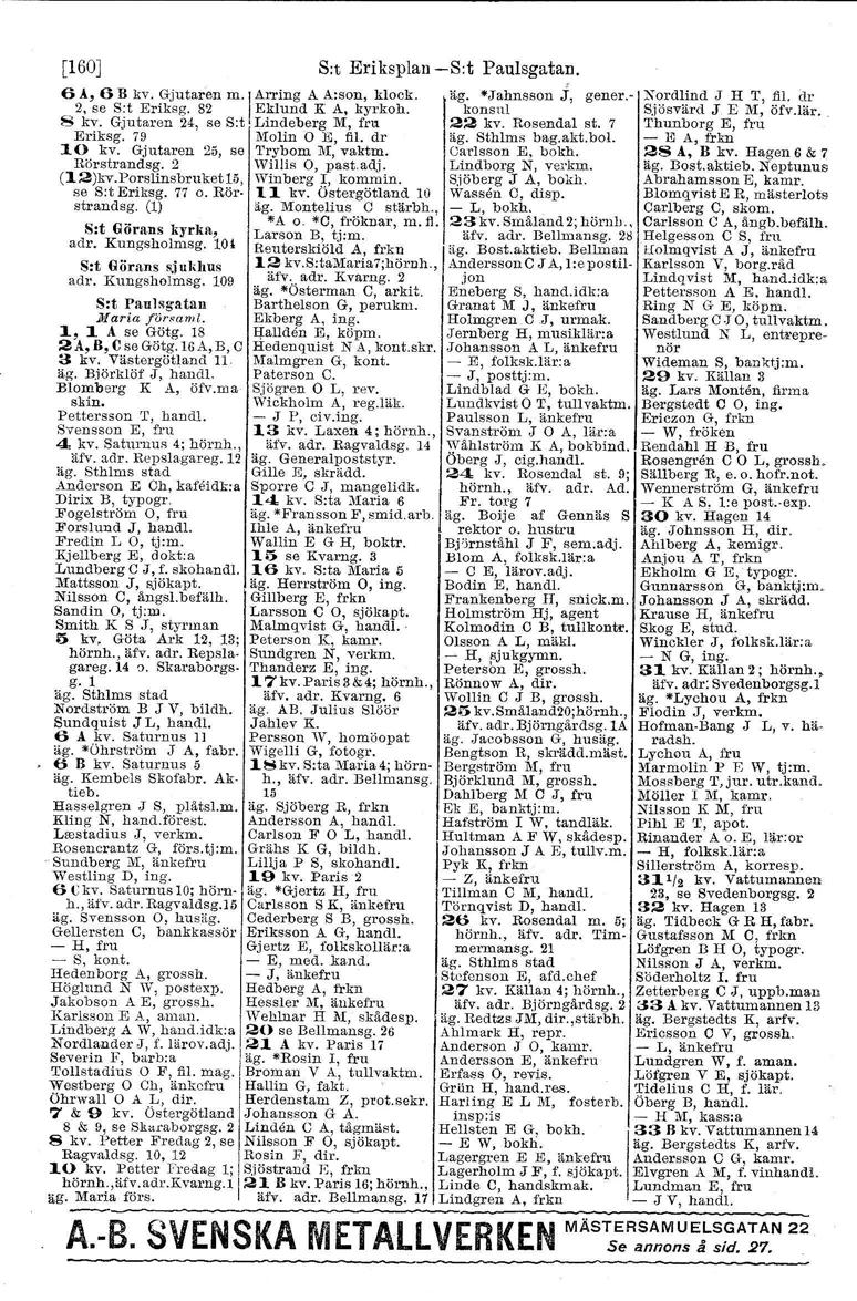 [160] 8:t Etiksplan -S:t Paulsgatan., 6 A, 6 B kv, Gju.taren m., Arring A A:son, klook. äg. -JahnsRon J, gener.- Nordlind J H T,.fil. dr 2, se S:t Eriksg. 82 Eklund K A, kyrkoh.