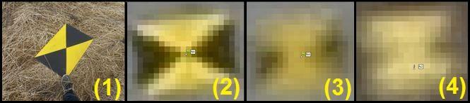 Figur 10. Flygsignaler. Från vänster, (1) Signal fotograferad i fält. (2) Signal med god skärpa i flygfotografi. (3) Signal med sämre skärpa i flygfotografiet.