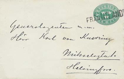 Postat ombord, i fartygets postlåda. Med makuleringen FRÅN UTLANDET accepteras den svenska frankeringen. Ett litet brev ankommet till Hangö den 30 december 1895 och framme i Helsingfors följande dag.