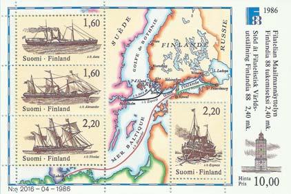 Miniatyrark II, Finlandia 88 från 1986 visar ånfartyg från 1800-talet över en fransk samtida karta. I hörnet ses Hangö fyr från 1862.