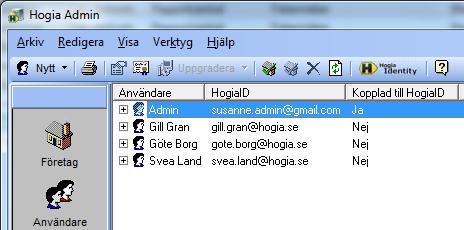 I Hogia Admin kan du se om en användare är kopplad till HogiaID, vilket betyder att en inbjudan till HogiaID är skickat till användaren och koppling till SQL-användaren är gjord.