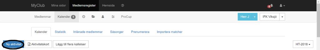 Kalender Kalendern kommer du åt genom att först gå in i medlemsregistret, när du väl är inne i medlemsregistret trycker du på Kalender. Skapa en ny aktivitet 1. Tryck på den blåa knappen Ny aktivitet.