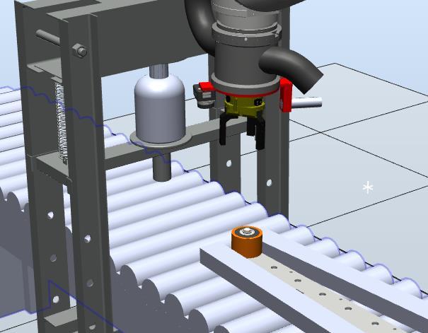 Figur 36: Roboten rör sig uppåt efter placering av hjul Den första fotocellen längs fixturens kant stoppar inte rullbandet från att starta.