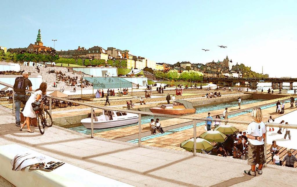 Vy mot trappan och Slussplan. PARKFÖRSLAG FÖR NYA SLUSSEN Park, torg och mötesplats Nyréns har utrett ett förslag till hur trakterna kring Slussen skulle kunna utvecklas mot att bli en ny urban park.