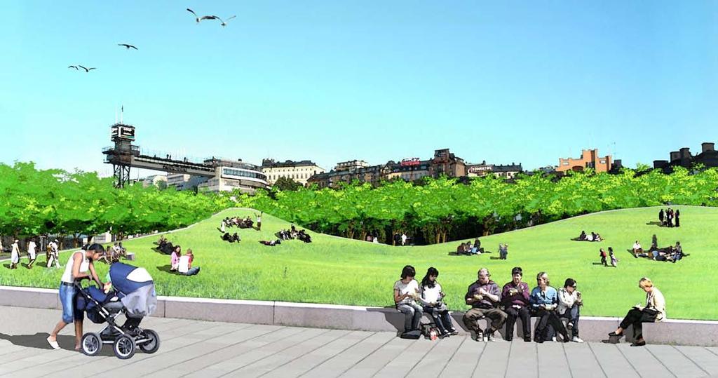 Vy från övre parkrum mot söder. Visualisering : Jacob Almberg, Nyréns Slussparken Mellan Södermalmstorg och Karl Johans torg ligger det som kan bli en helt ny stadsdelspark.