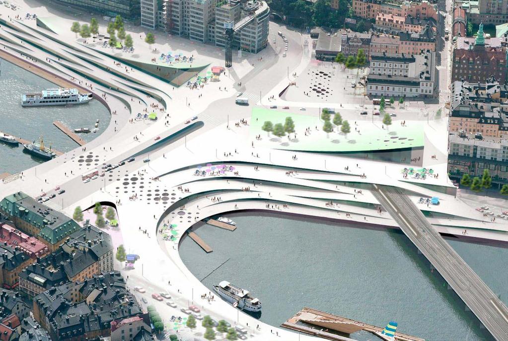 UTVECKLINGSFÖRSLAG FÖR NYA SLUSSEN Utgångspunkter Ett designförslag för Nya Slussen har utarbetats av det danska arkitektkontoret Bjarke Ingels Group (BIG) för uppdraget var att i en tydligt