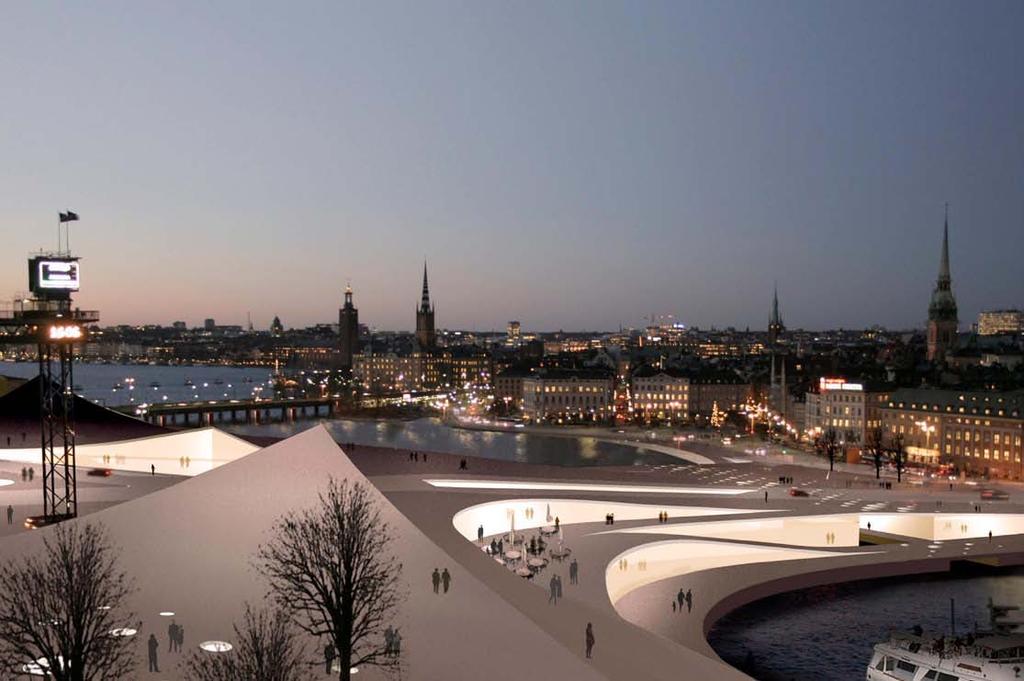 De olika nivåerna i Slussen binds samman av ett sinnrikt rampsystem som ger maximal tillgänglighet mellan nivåer och skapar möjligheter för genast möjliga vägval i staden.