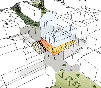10 (13) Förslag på nytt kultur- och fritidskvarter Vy av kultur- och fritidskvarteret sett från parken. Ritning på övre och nedre plan.