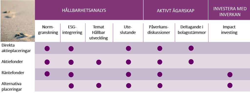 5 Metoder för ansvarsfull placeringsverksamhet Kyrkans pensionsfond tillämpar olika metoder för ansvarsfull placeringsverksamhet och kombinerar dem på olika sätt.