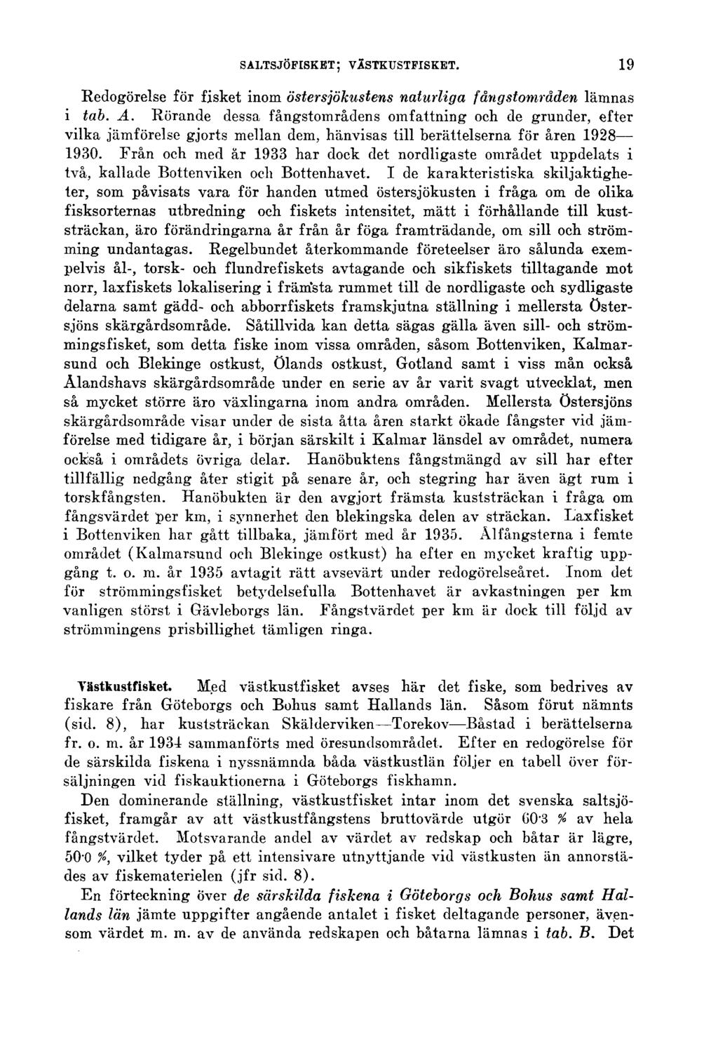 SALTSJÖFISKET; VÄSTKUSTFISKET. 19 Redogörelse för fisket inom östersjökustens naturliga fångstotnråden lämnas i tab. A.