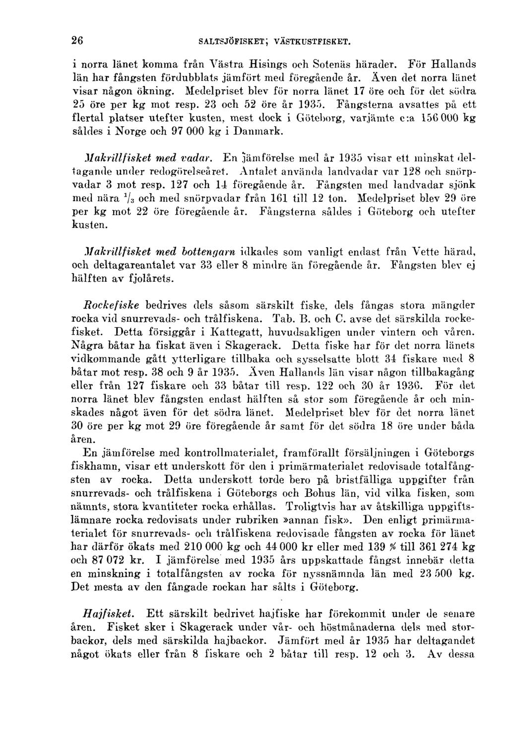 26 SALTSJÖFISKET; VÄSTKUSTFISKET. i norra länet komma från Västra Hisings och Sotenäs härader. För Hallands län har fångsten fördubblats jämfört med föregående år.