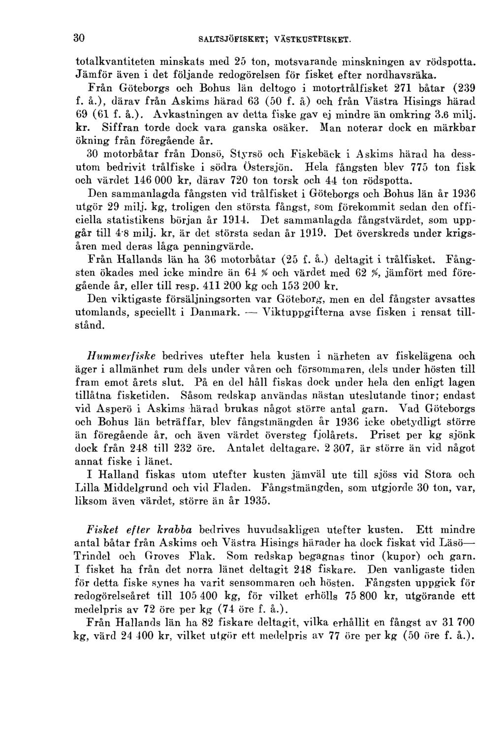 30 SALTSJÖFISKET; VÄSTKUSTFISKET. totalkvantiteten minskats med 25 ton, motsvarande minskningen av rödspotta. Jämför även i det följande redogörelsen för fisket efter nordhavsräka.