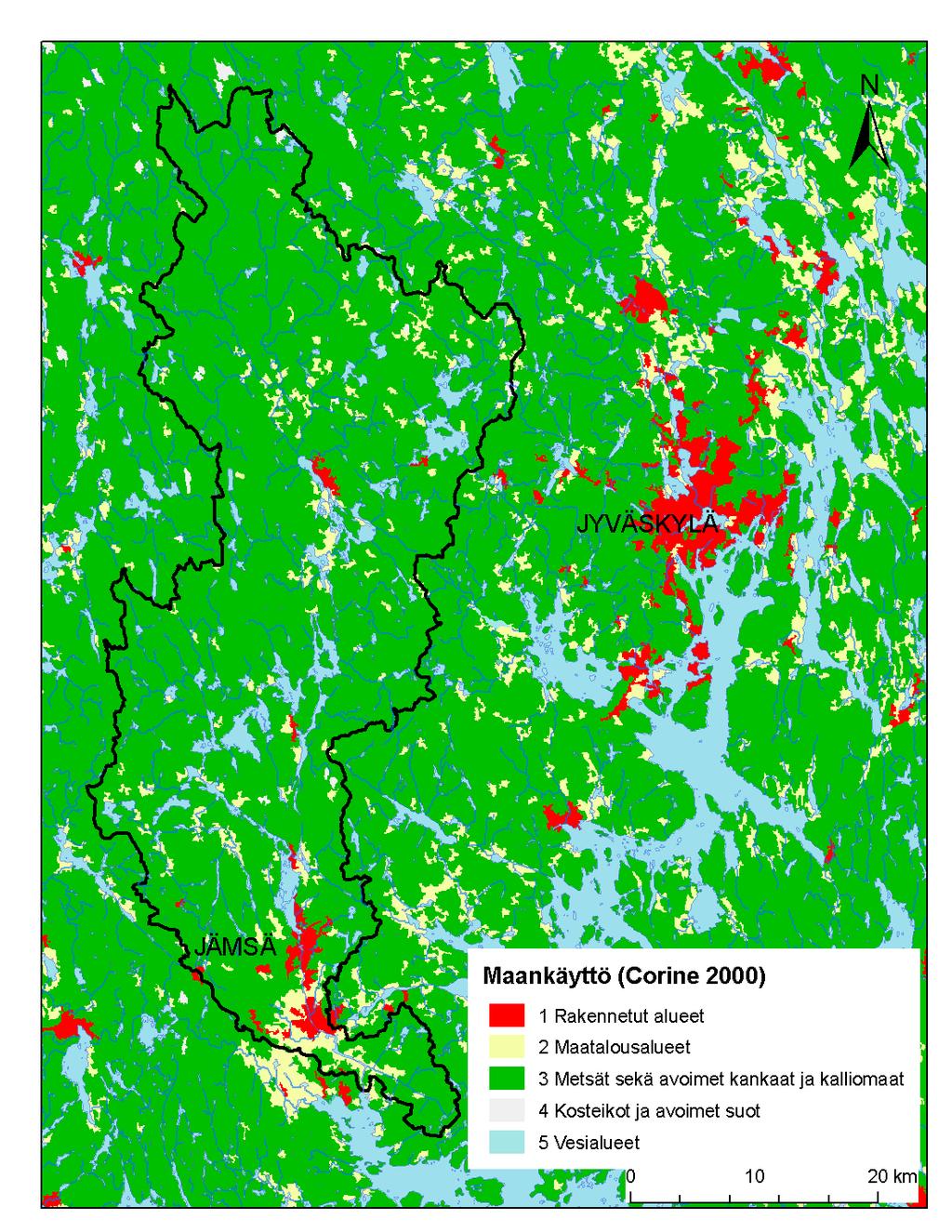 SYKE, EEA Bild 14. Markanvändning i Jämsä-ledens delavrinningsområde 14.5. Invånarantalet i Jämsä-ledens avrinningsområde är enligt det geografiska datamaterialet RHR2008 cirka 19 000.