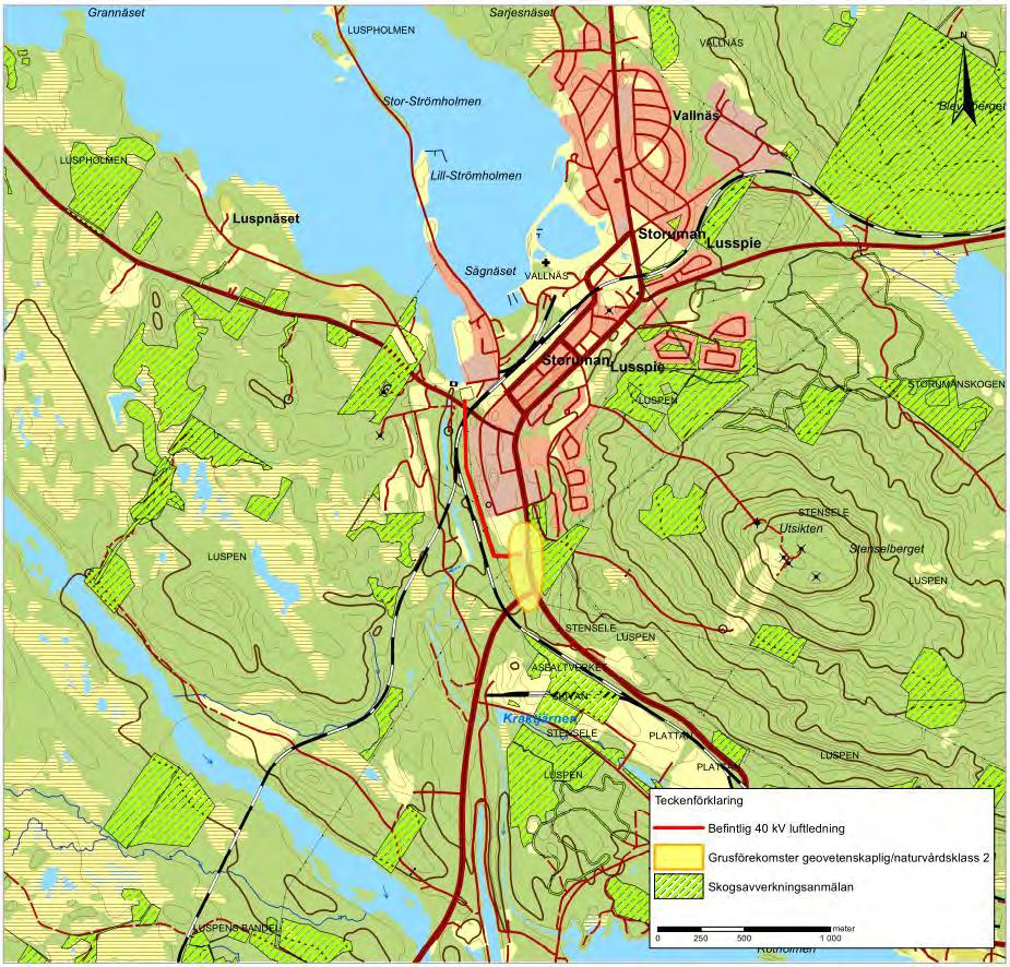 Figur 7. Markanvändning och övriga intressen i området kring sökt alternativ. 6.2.1 Hänsynsåtgärder Inga hänsynsåtgärder med avseende på markanvändning, bebyggelse och planer bedöms vara nödvändiga.