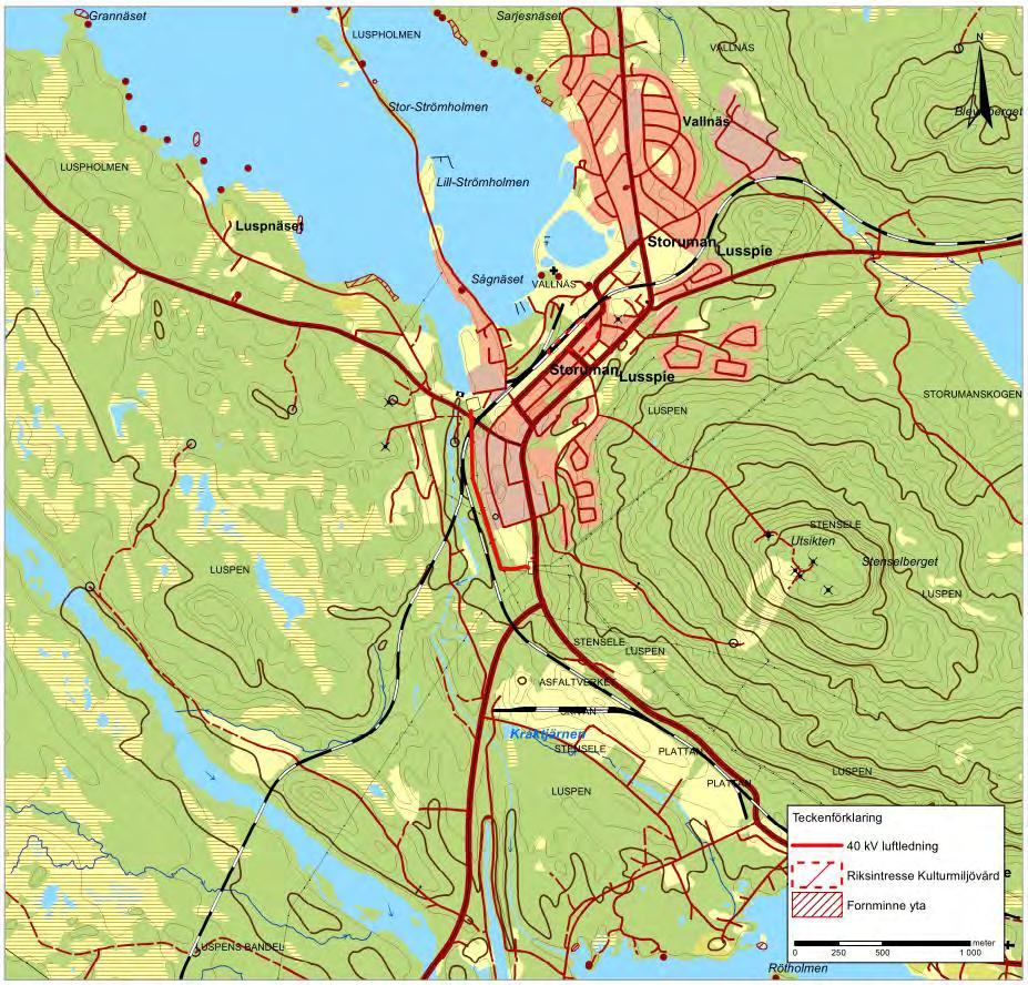 6.8 Kulturmiljö Det finns inga kulturmiljöer, registrerade fornlämningar eller fornminnen inom 100 m från sökt alternativ, vilket illustreras i Figur 10 
