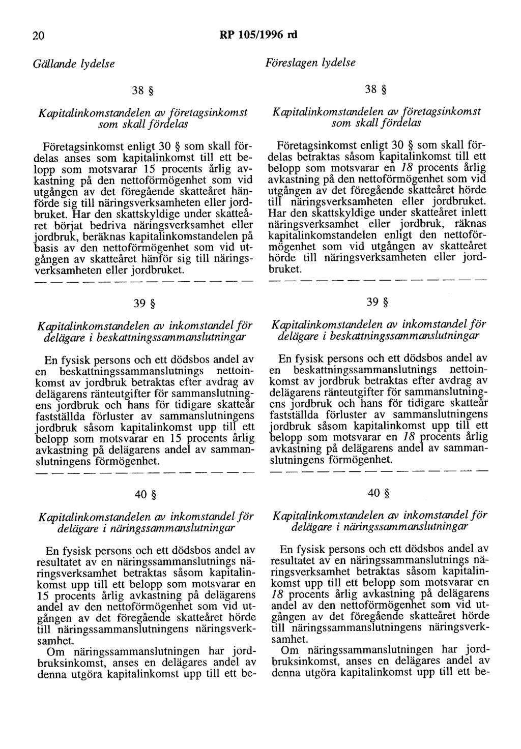 20 RP 105/1996 rd Gällande lydelse Föreslagen lydelse 38 Kapitalinkomstandelen av företagsinkomst som skall fördelas Företagsinkomst enligt 30 som skall fördelas anses som kapitalinkomst till ett