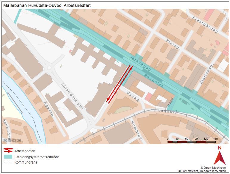 Figur 12. Arbetsnedfart under utredning. 2.2.3 Tillfällig järnvägsanläggning Under byggskedet ska dagens trafikering på Mälarbanan möjliggöras.