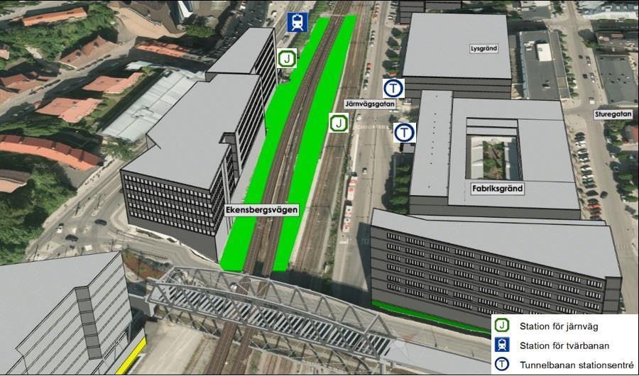 Figur 14. Plattformar för station för den tillfälliga järnvägsanläggningen, grön markering visar plattformarnas placering.