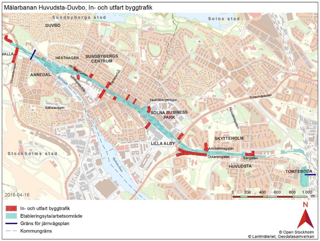 Figur 36. De primära in- och utfarterna för byggtrafik under byggskedet. 3 Etapper för utbyggnaden Byggskedet är indelat i olika tidsetapper.