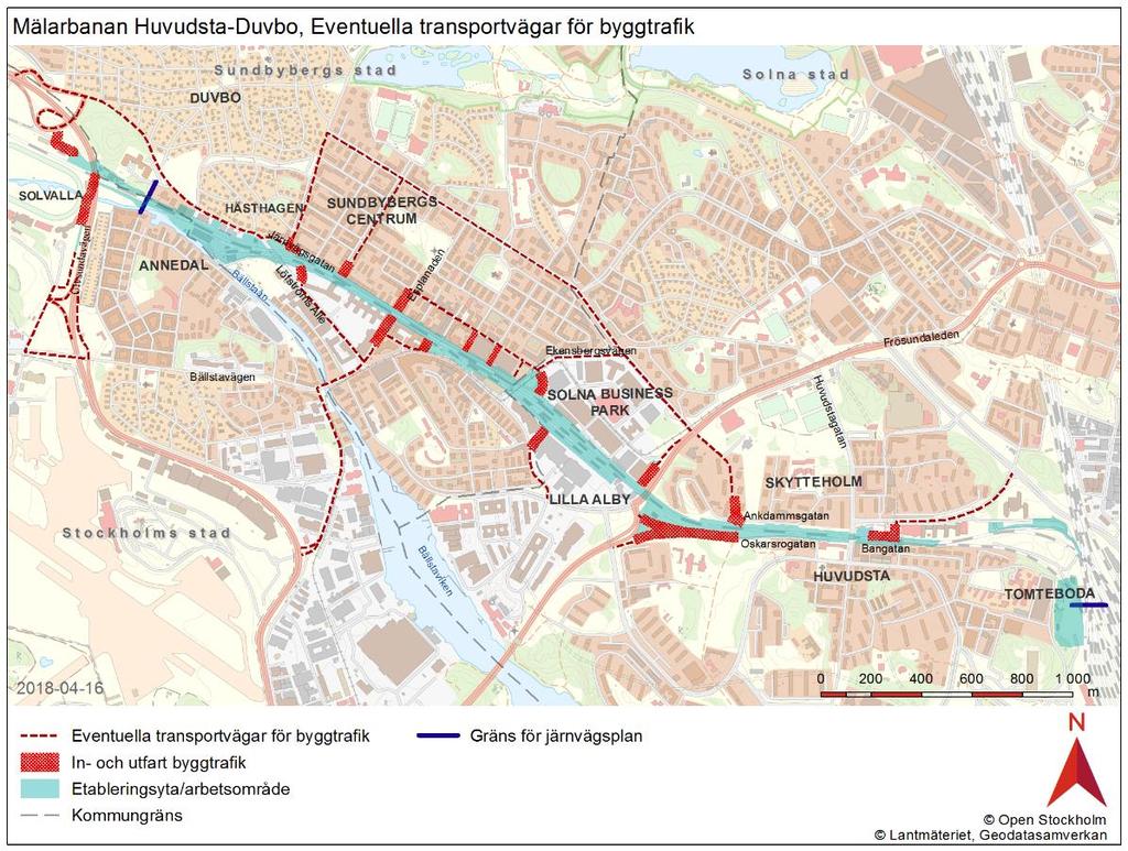 Figur 42. Möjliga transportvägar för byggtrafik. 4.1.3 Gång-, cykel- och biltrafik Byggarbetena kommer att påverka gång- och cykeltrafikanter i området generellt genom omledningar, se även avsnitt 4.