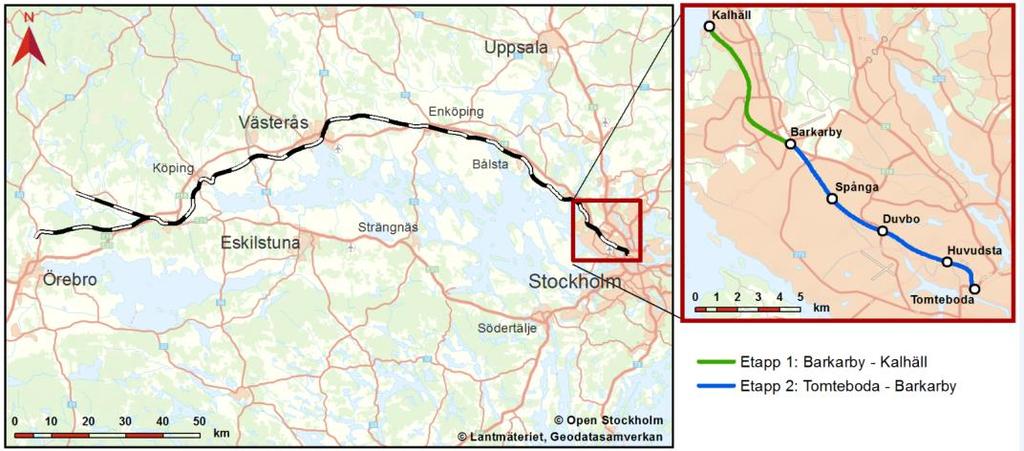 Figur 1. Översikt Mälarbanan och etappindelning. 1.2 Mälarbanan omfattning Aktuell utbyggnad sträcker sig från Huvudsta i Solna till Duvbo i Sundbyberg, en sträcka på cirka 3,5 kilometer.