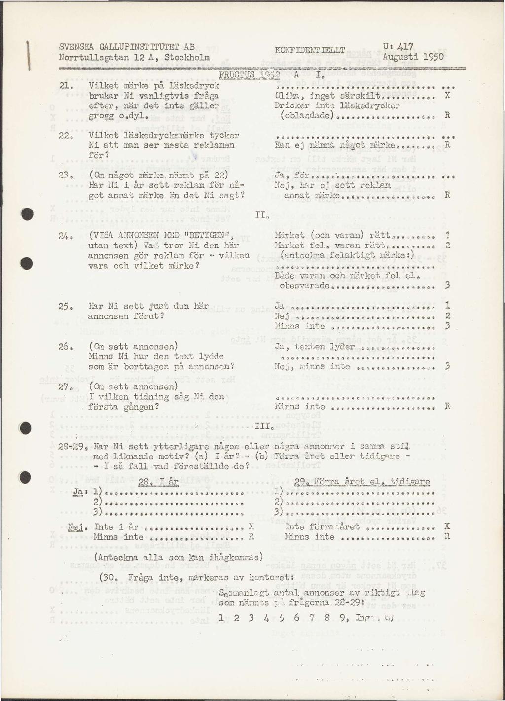 SVENSKA. GALLUPINST ITUTET AB Norrtullsgatan 12 A, Stockholm KONF 3DENTIELLT U: 4.17 Augusti 1950 21. Vilket märke på läskedryck brukar Ni vanligtvis fråga efter, när det inte gäller grogg o.dyl.