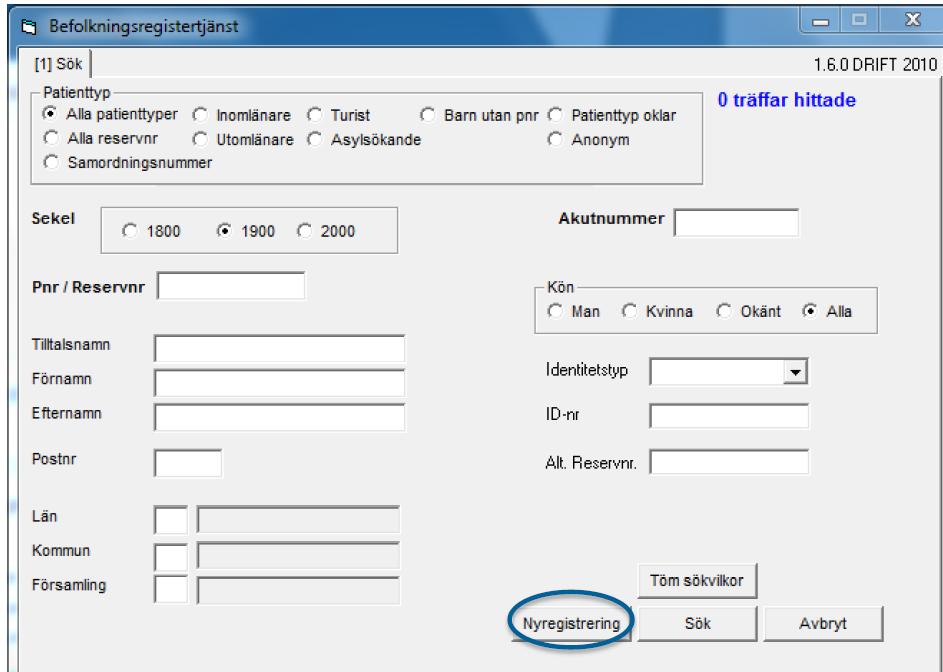 Om inget tidigare reservnummer i VGR-format finns gör du så här i Befreg eller via integration (AsynjaVisph): 8 (12) Skapa reservnummer Välj knappen "Nyregistrering"