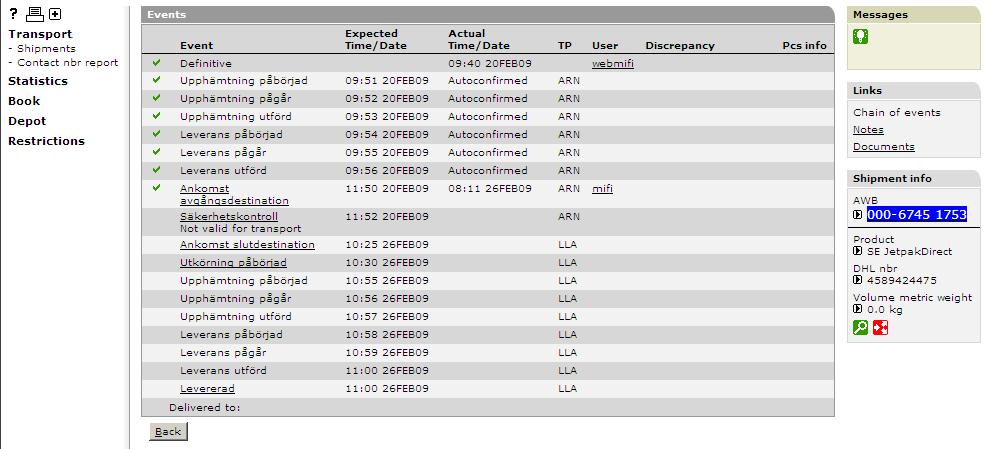 Manual eorderplus, ver 1, 2018-12-05 Page 25 of 27 Events När en sändning är bokad i Jena, får den ett antal olika events som är förväntade att inträffa vid vissa tidpunkter.