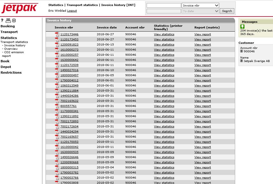 Manual eorderplus, ver 1, 2018-12-05 Page 27 of 27 Fakturahistorik Du hittar din fakturahistorik och du kan ladda ner kopior av fakturorna under Statistics och sen Invoice history i vänsterfältet.