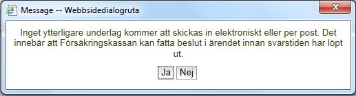 En dialogruta kommer upp med texten: Inget ytterligare underlag kommer att skickas in elektroniskt eller per post.