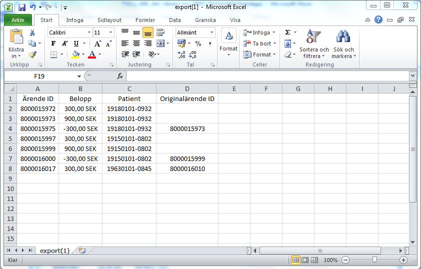 För att exportera betalningsspecifikationen till Excel klickar du på knappen till höger ovanför Originalärende ID. 11.
