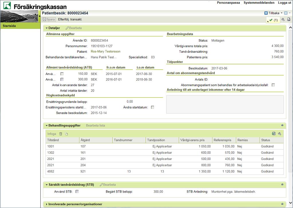 39. Patientbesöket är inrapporterat. Det indikeras genom att knappen inte längre går att klicka på. Status har ändrats till Mottagen och patientbesöket har tilldelats ett unikt Ärende-ID.