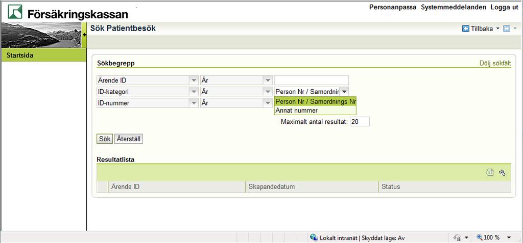 5 Sök patientbesök Detta avsnitt beskriver hur du gör för att söka fram patientbesök. 1. Logga in på Tandvårdssystemets startsida. 2. Klicka på länken Patientbesök i rutan Sök. 3.