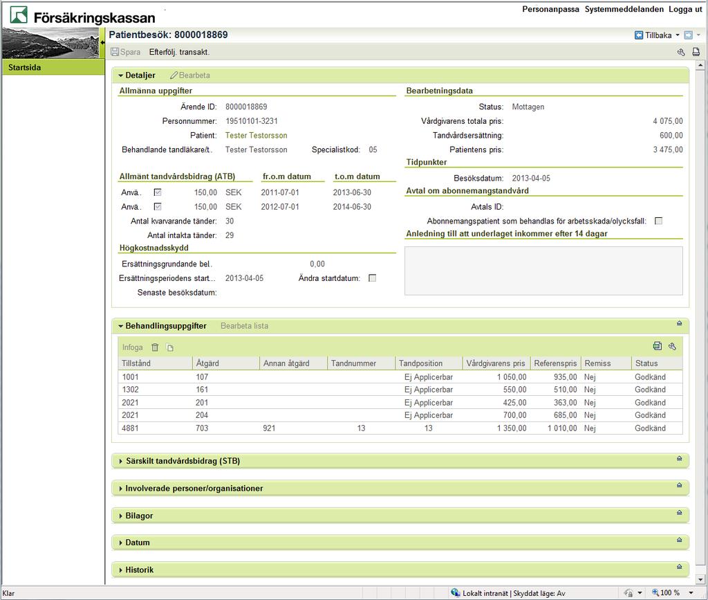 9. I bilden Patientbesök finns ett antal flikar. Flikarna Detaljer och Behandlingsuppgifter är öppna när du kommer in i bilden.
