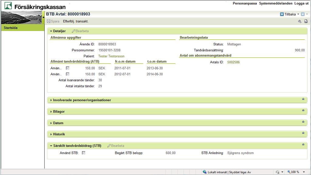 8. I bilden BTB Avtal finns ett antal flikar. Fliken Detaljer är öppen när du kommer in i bilden. För att se informationen som finns under någon av de övriga flikarna klickar du på aktuell flik.